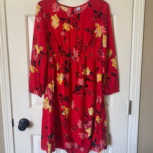 Old Navy NEW Maternity Floral Long Sleeve Fit & Flare Midi Dress Red Sz Small